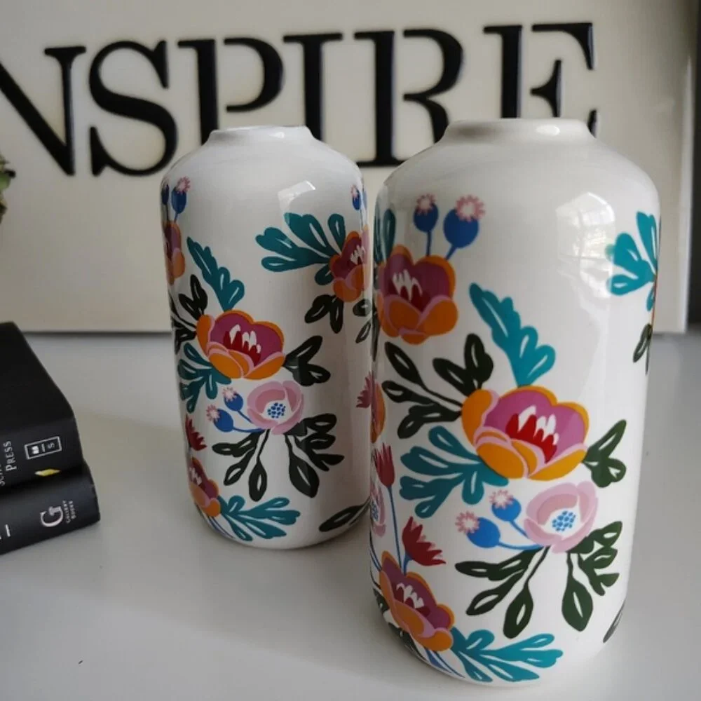 Scandinavian Folk Art Floral Ceramic Vase Glossy White Decorative Vase